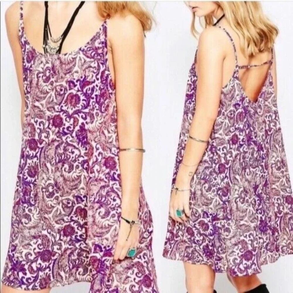 Free People Intimately Emily Paisley Slip Dress Small Pink Purple Sharkbite Hem